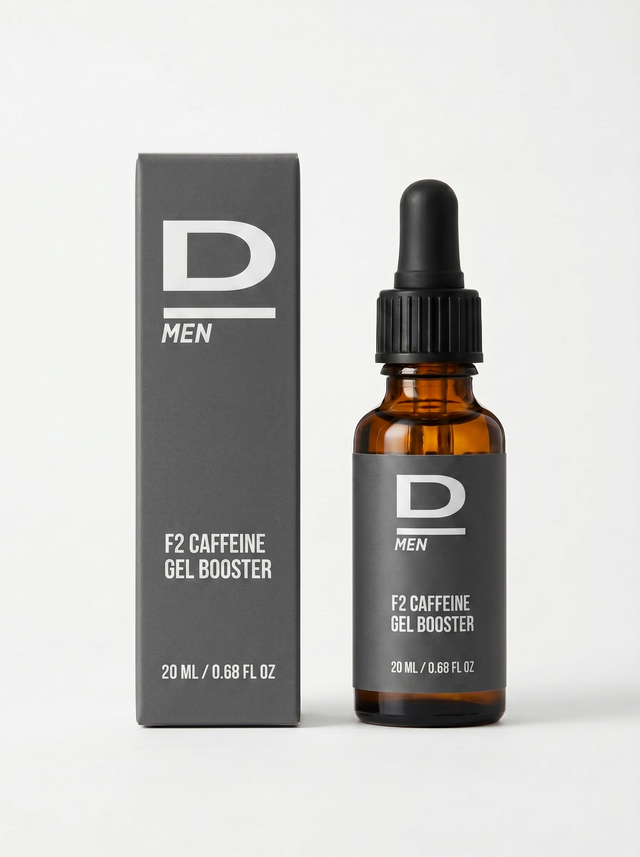 Braune Glasflasche mit Pipette und grauer Verpackung mit der Aufschrift 'D MEN F2 CAFFEINE GEL BOOSTER 20 ML / 0.68 FL OZ'