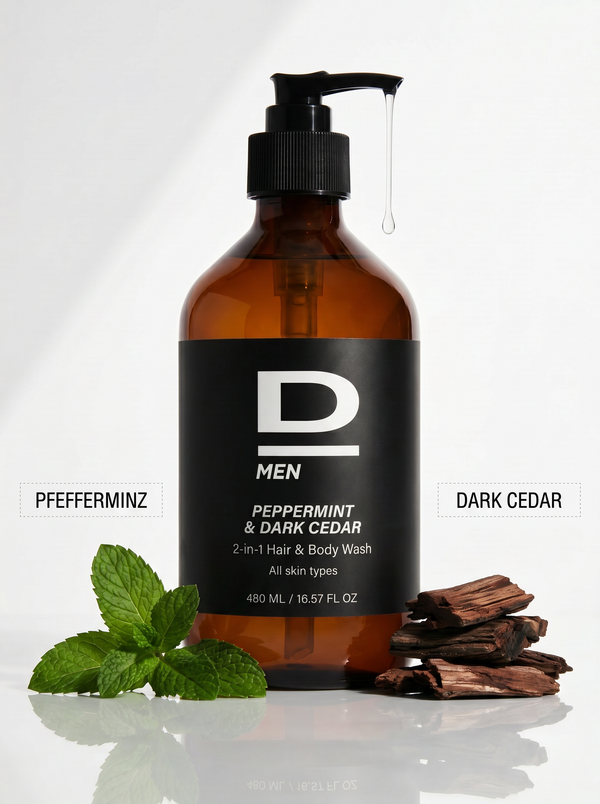 Braune Flasche mit schwarzem Pumpverschluss und Etikett mit der Aufschrift 'D MEN PEPPERMINT & DARK CEDAR 2-in-1 Hair & Body Wash' neben frischen Pfefferminzblättern und dunklen Zedernholzstücken