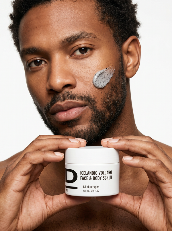 Mann mit Bart hält ein Gefäß mit der Aufschrift 'ICELANDIC VOLCANO FACE & BODY SCRUB' und hat eine graue Gesichtsmaske auf der Wange