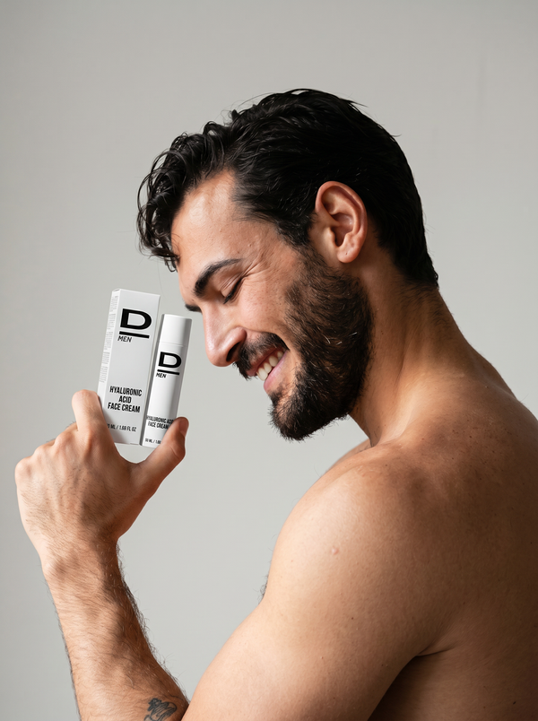 Lächelnder Mann mit Bart und dunklen Haaren hält zwei weiße Kosmetikprodukte in der Hand