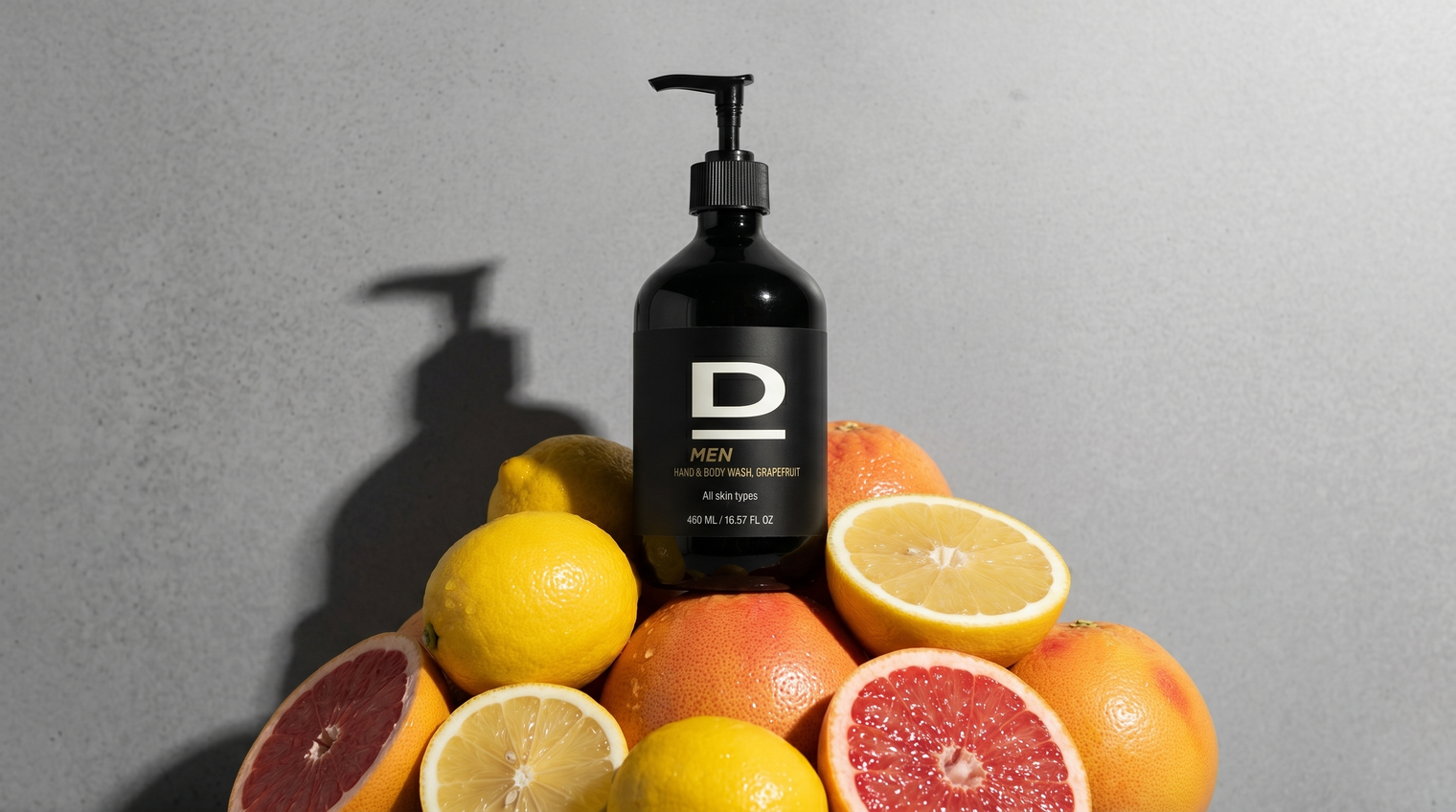 Schwarze Flasche mit Pumpspender steht auf einem Stapel aus verschiedenen Zitrusfrüchten, darunter Zitronen und Grapefruits