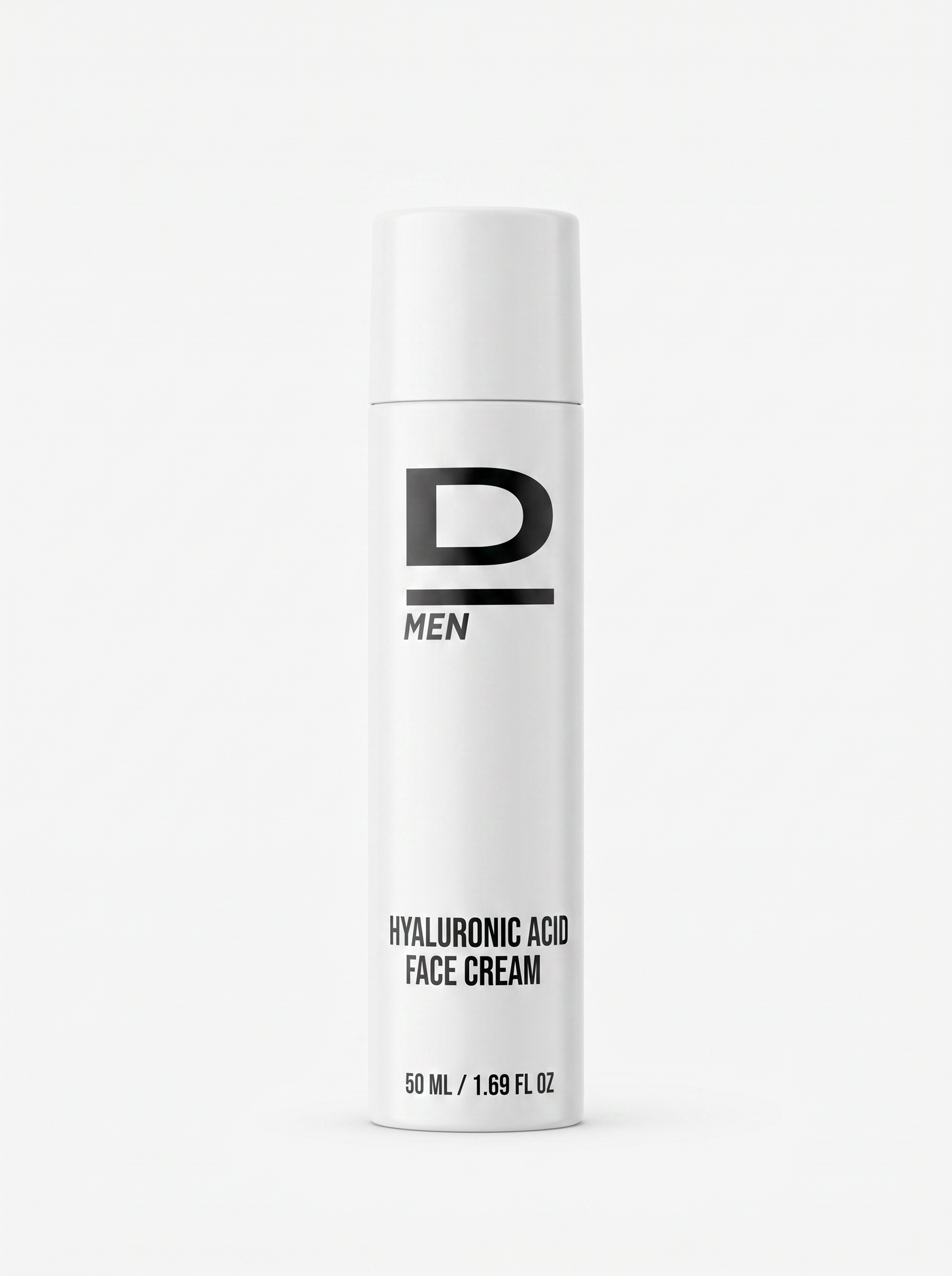 Weiße zylindrische Flasche mit schwarzer Aufschrift 'D MEN' und 'HYALURONIC ACID FACE CREAM'