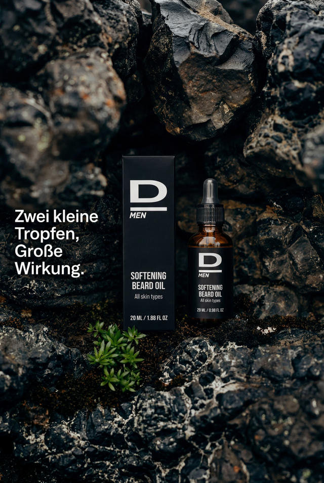 Flasche und Verpackung von D MEN Softening Beard Oil auf dunklem, rauem Gestein mit kleinem grünen Pflänzchen und Text 'Zwei kleine Tropfen, Große Wirkung'
