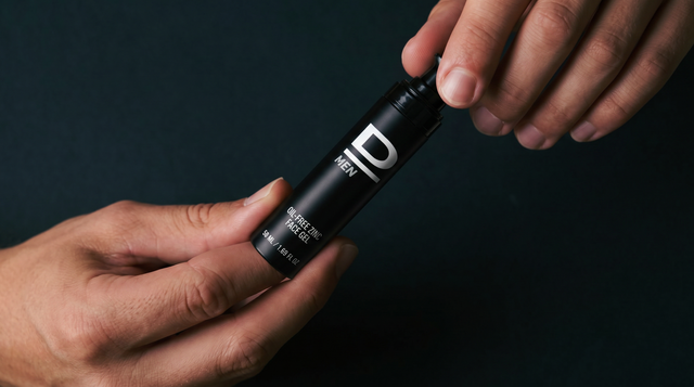 Hände halten eine schwarze Flasche mit der Aufschrift 'D MEN' und 'EYE GEL'