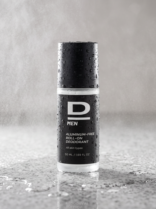 Schwarzer Aluminium-freier Roll-on-Deodorant mit weißem Schriftzug auf nasser Oberfläche