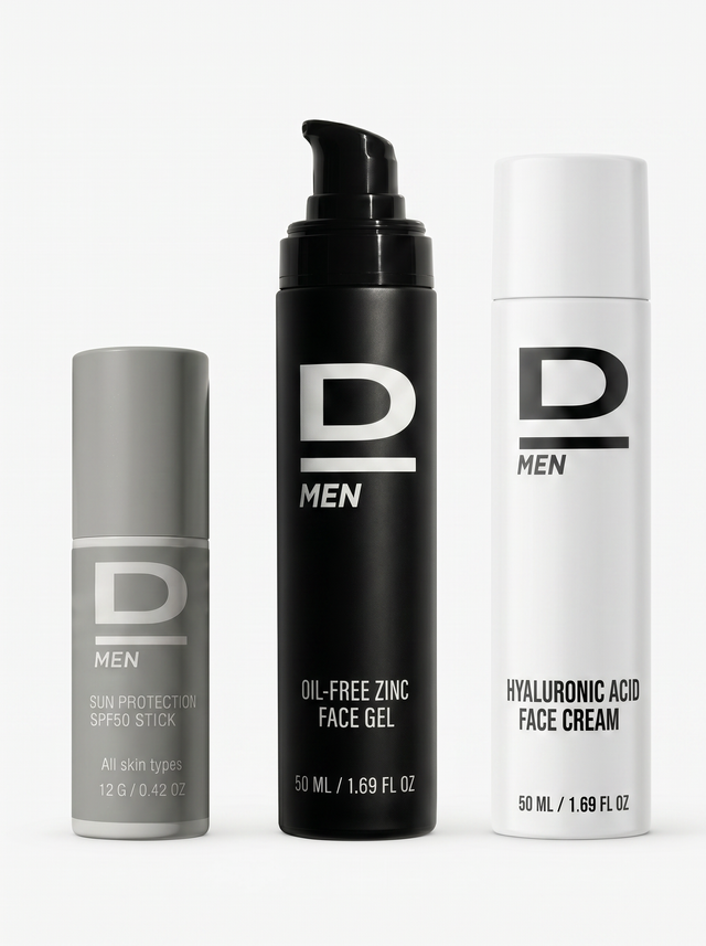 Drei D MEN Hautpflegeprodukte in grauem, schwarzem und weißem Spender mit Beschriftungen zu Sonnenschutz, Gesichts-Gel und Gesichtscreme