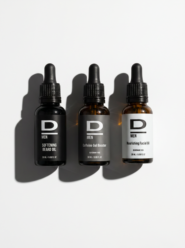 Drei braune Tropfflaschen mit schwarzen Verschlüssen und weißen Etiketten, beschriftet mit "D MEN" und Produktnamen, auf weißem Hintergrund