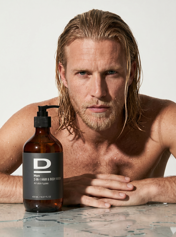 Männliches Modell mit nassen Haaren stützt sich mit verschränkten Händen auf eine Marmoroberfläche neben einer braunen Flasche mit schwarzem Pumpspender und Aufschrift