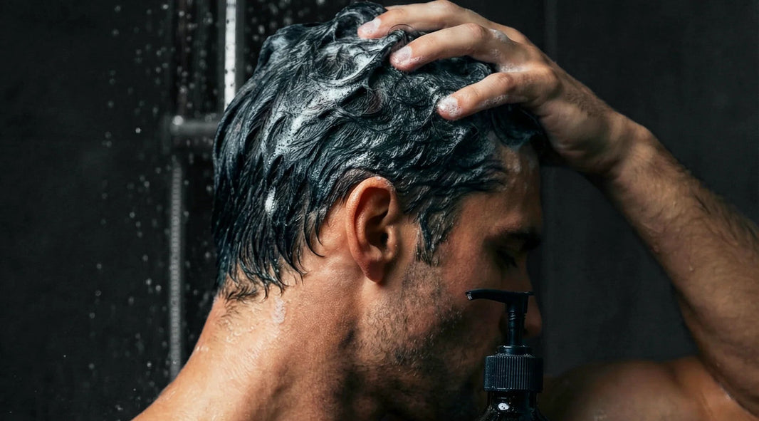 Person von hinten mit nassen Haaren, die mit der Hand eingeschäumt werden