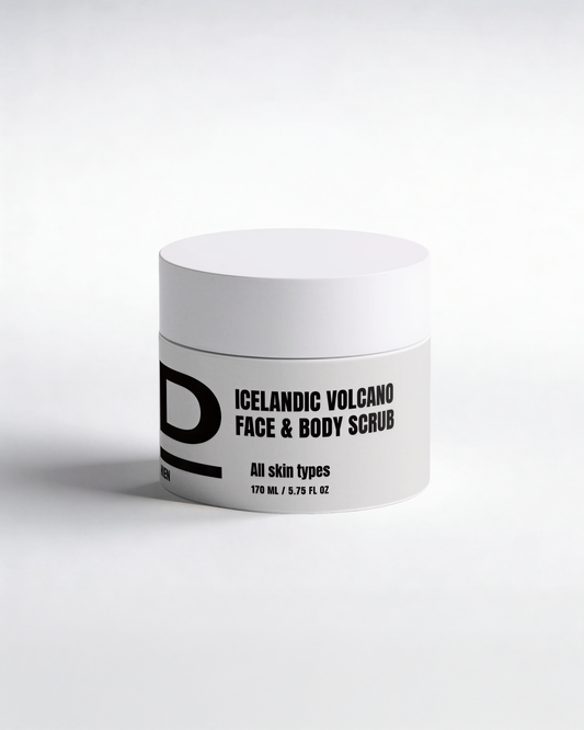 Icelandic Volcano Face & Body Scrub in weißem Behälter, 170 ml, für alle Hauttypen.