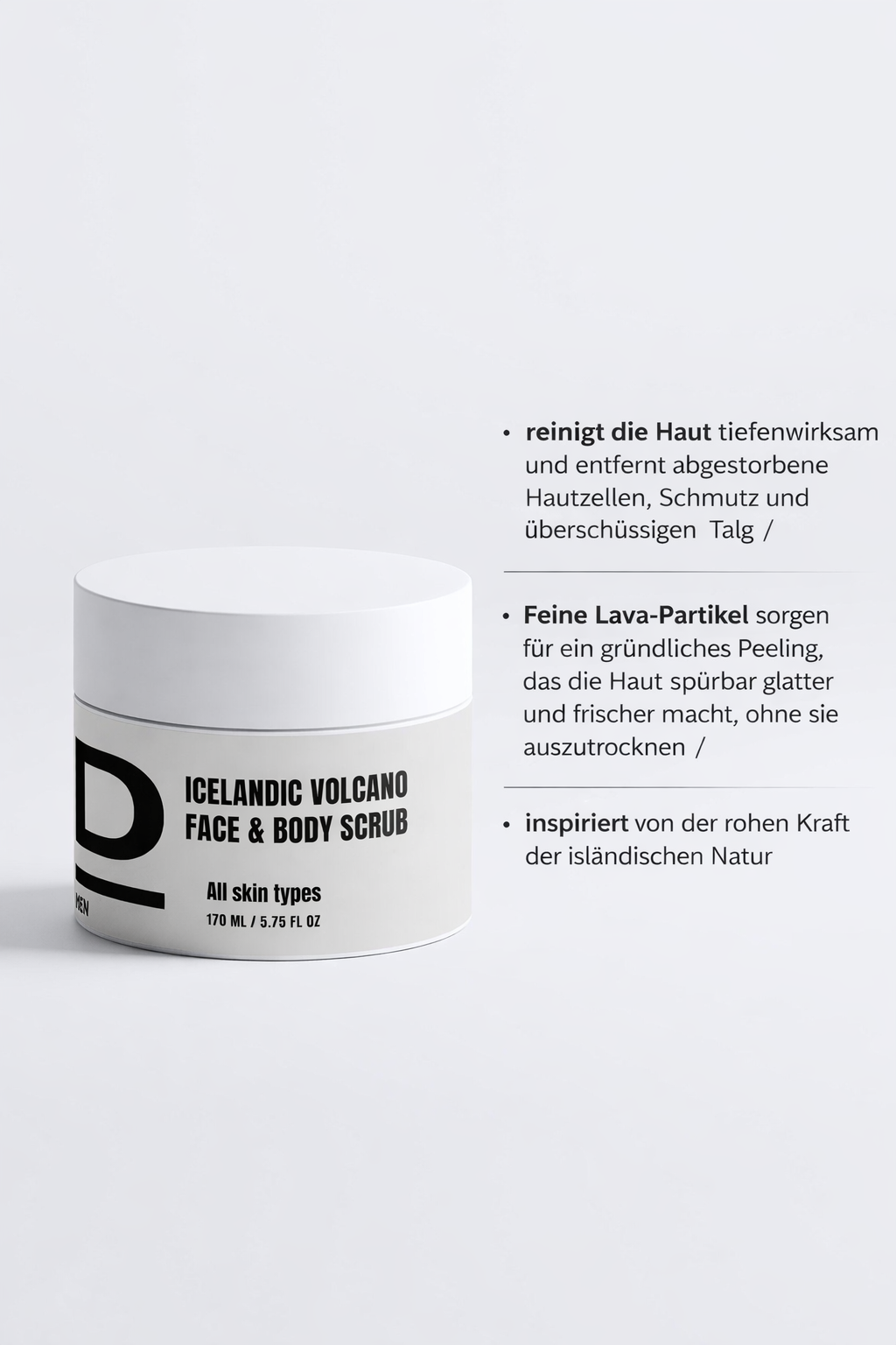 Weißer Tiegel mit schwarzer Aufschrift 'ICELANDIC VOLCANO FACE & BODY SCRUB All skin types 170 ML / 5.75 FL OZ' auf hellem Hintergrund.
