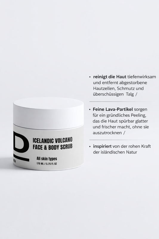 Weißer Tiegel mit schwarzer Aufschrift 'ICELANDIC VOLCANO FACE & BODY SCRUB All skin types 170 ML / 5.75 FL OZ' auf hellem Hintergrund.