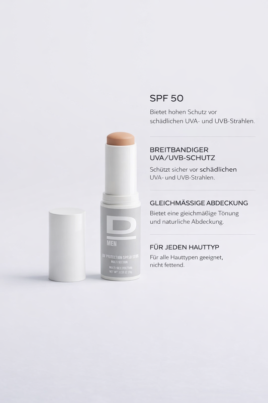 Offener, hellbeiger Make-up-Stick neben passender Verpackung mit der Aufschrift 'D MEN'.
