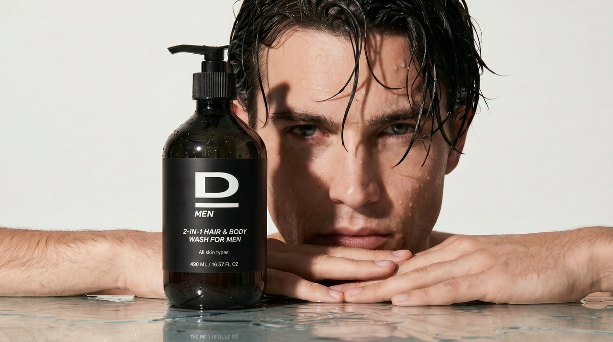 Mann mit nassem Haar stützt sich mit dem Kinn auf gefaltete Hände neben einer schwarzen Flasche mit Pumpspender und der Aufschrift 'D MEN 2-IN-1 HAIR & BODY WASH FOR MEN'
