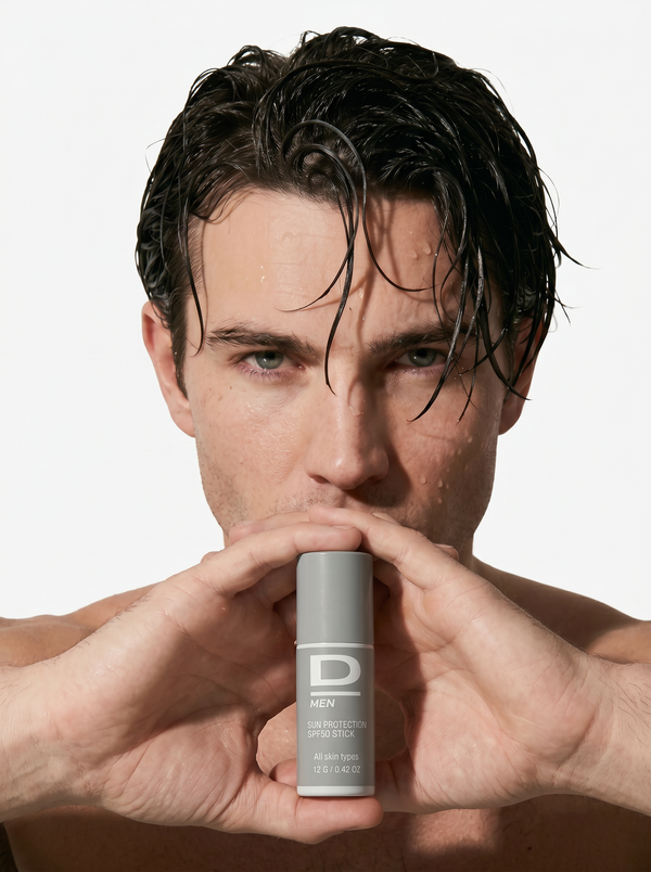 Mann mit nassem Haar hält grauen D Men Skin Protection SPF 50 Stick vor sein Gesicht