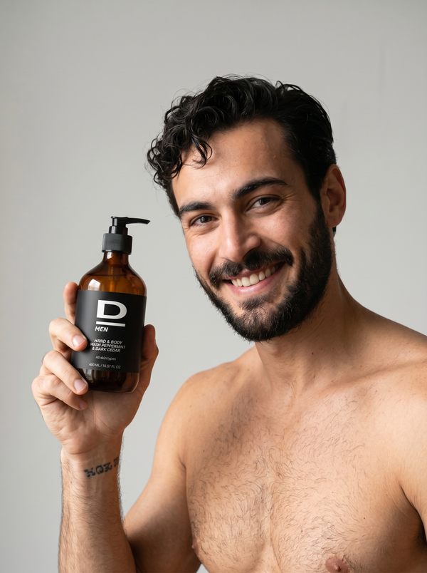 Lächelnder, barttragender Mann mit dunklen lockigen Haaren hält eine braune Flasche mit schwarzem Etikett und Pumpspender in der rechten Hand