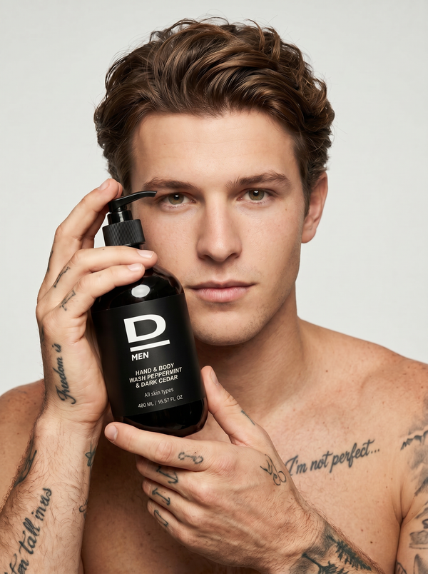 Junger Mann mit Tattoos hält eine schwarze Flasche mit Pumpspender und der Aufschrift 'D MEN HAND & BODY WASH PEPPERMINT & OAK CEDAR' nah an sein Gesicht