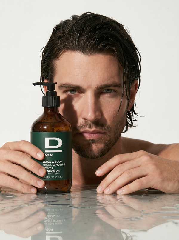 Mann mit nassem Haar hält eine braune Flasche mit schwarzem Pumpverschluss und grünem Etikett vor sein Gesicht