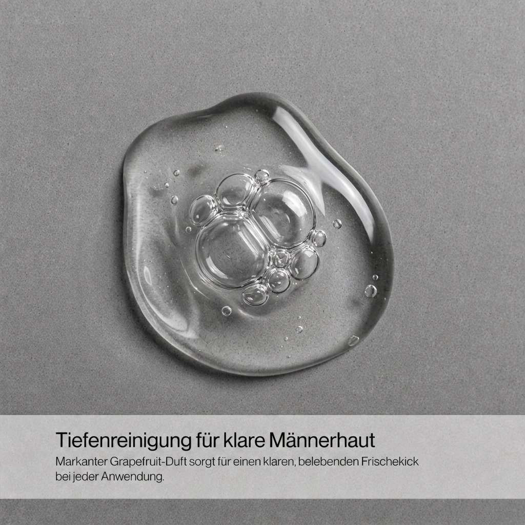 Nahaufnahme eines transparenten Gelkleckses auf grauem Untergrund mit Text 'Dein schneller Reset nach einem langen Tag Für die Anwendung auf Haar, Körper und Gesicht geeignet'