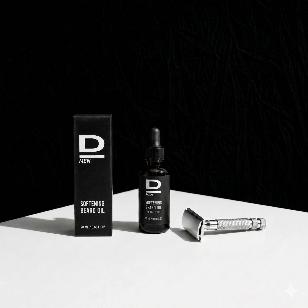 Flasche und Verpackung von Bartöl mit Aufschrift 'D MEN SOFTENING BEARD OIL' neben einem Rasierhobel auf weißer Fläche vor schwarzem Hintergrund