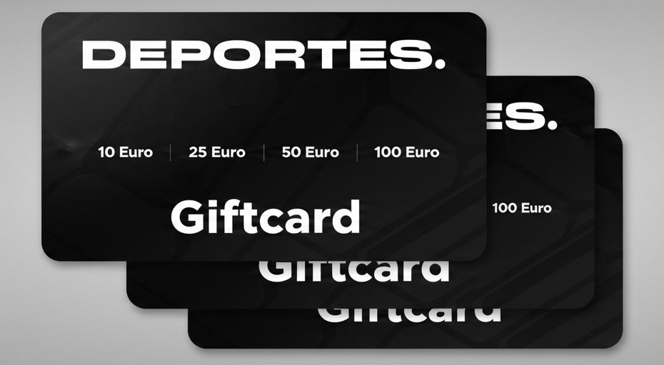 Drei übereinanderliegende schwarze Geschenkkarten mit weißer Aufschrift 'DEPORTES.' und den Beträgen '10 Euro', '25 Euro', '50 Euro', '100 Euro' sowie dem Wort 'Giftcard'.
