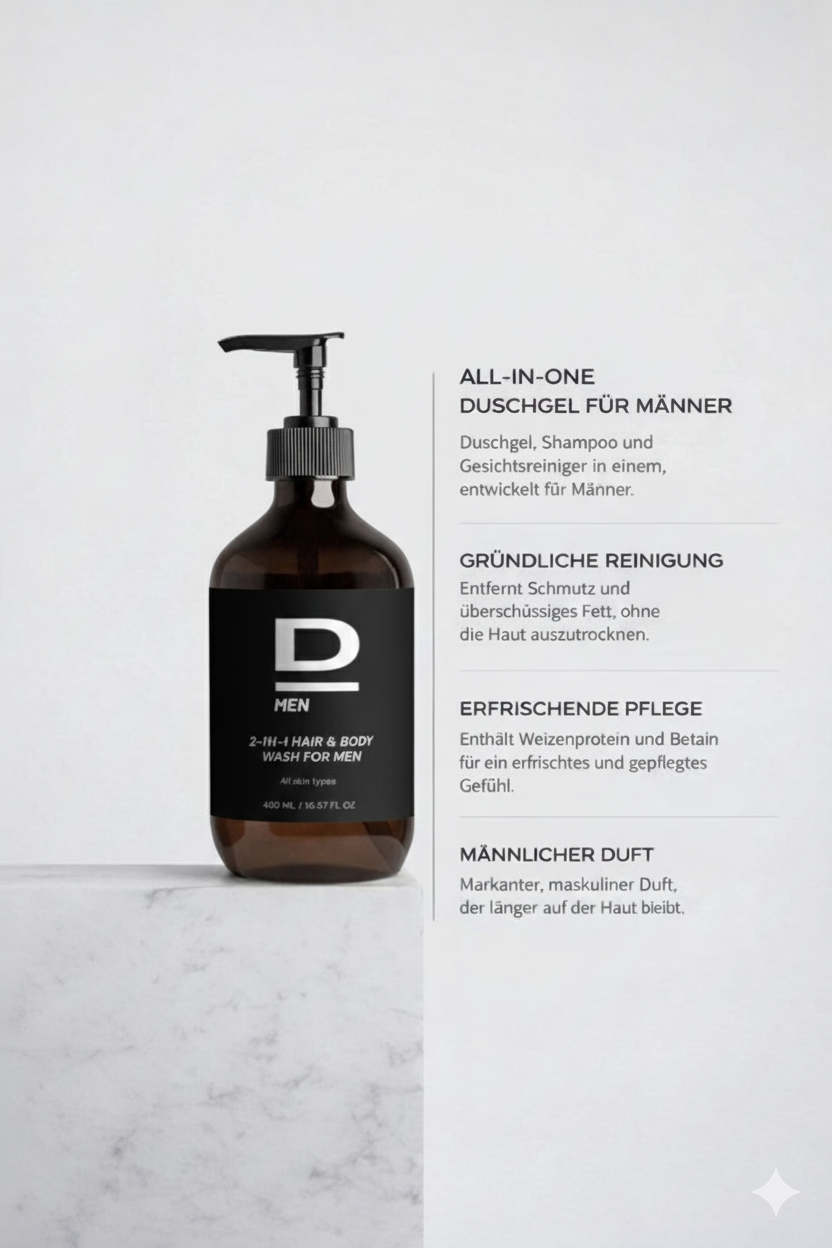 Braune Flasche mit schwarzem Pumpverschluss und schwarzem Etikett, darauf weißer Schriftzug 'D MEN 2-IN-1 HAIR & BODY WASH FOR MEN'.