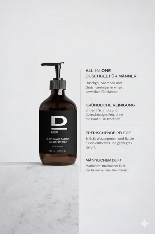Braune Flasche mit schwarzem Pumpverschluss und schwarzem Etikett, darauf weißer Schriftzug 'D MEN 2-IN-1 HAIR & BODY WASH FOR MEN'.
