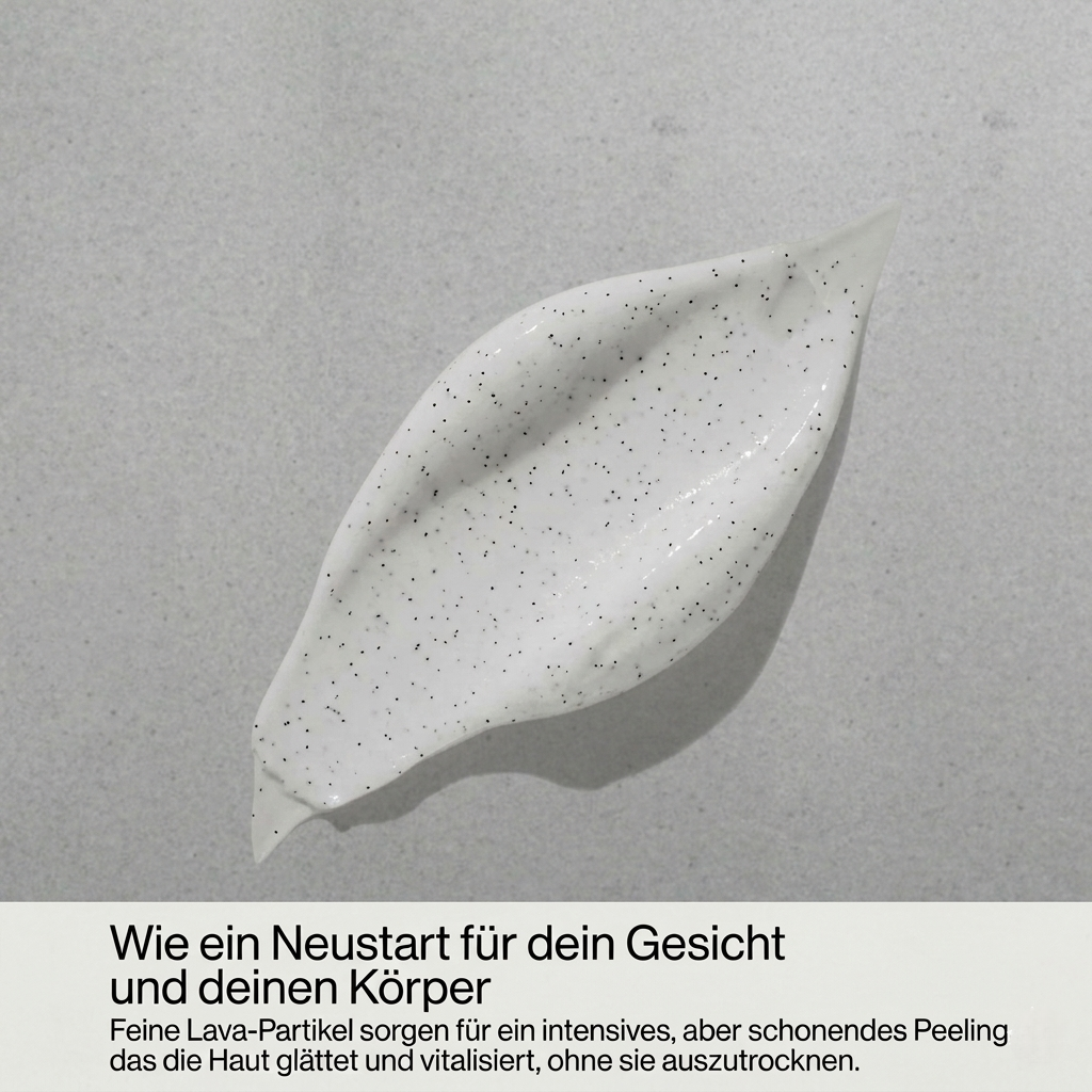 Nahaufnahme eines weien und schwarz gepunkteten Cremekleckses auf grauem Untergrund mit Text 'Dein schneller Reset nach einem langen Tag Für die Anwendung auf Haar, Körper und Gesicht geeignet'