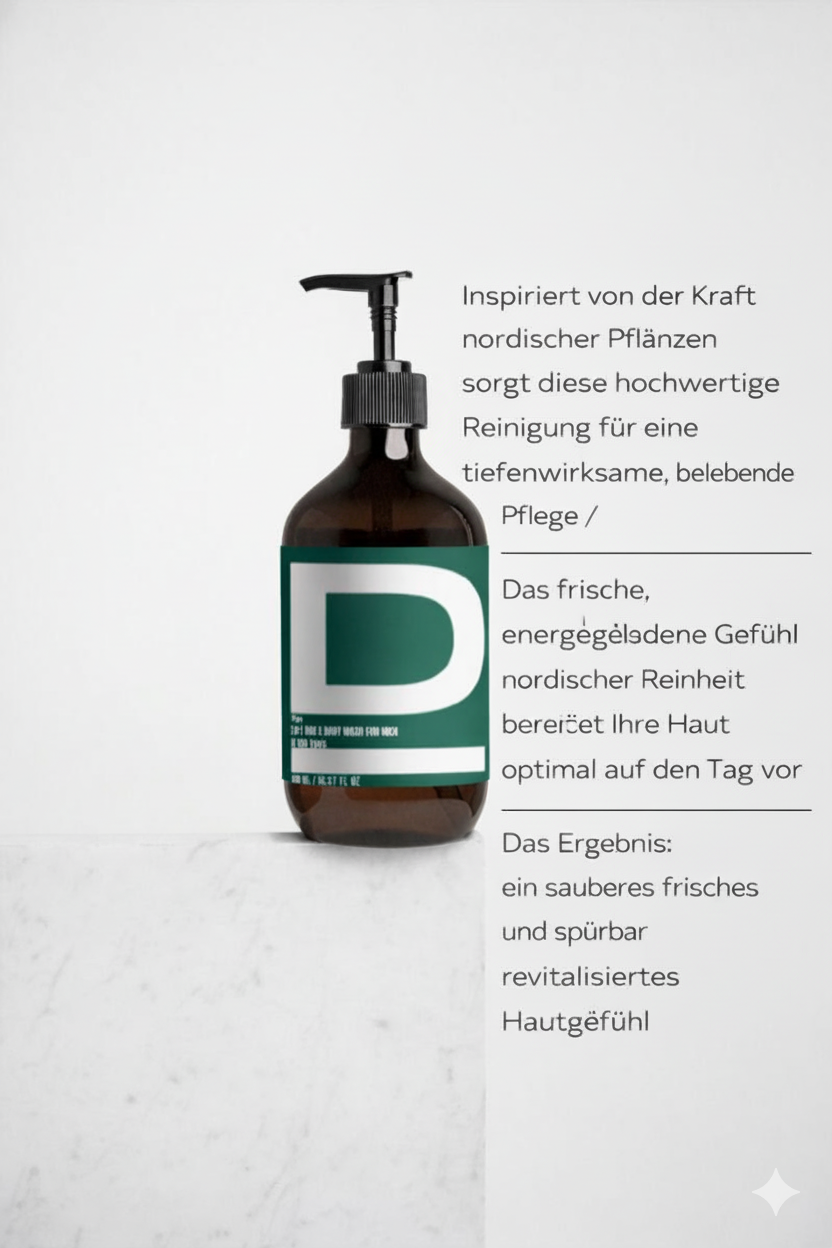 Braune Glasflasche mit schwarzem Pumpverschluss und grün-weißem Etikett mit großem Buchstaben D, stehend auf weißem Marmorblock vor weißem Hintergrund.