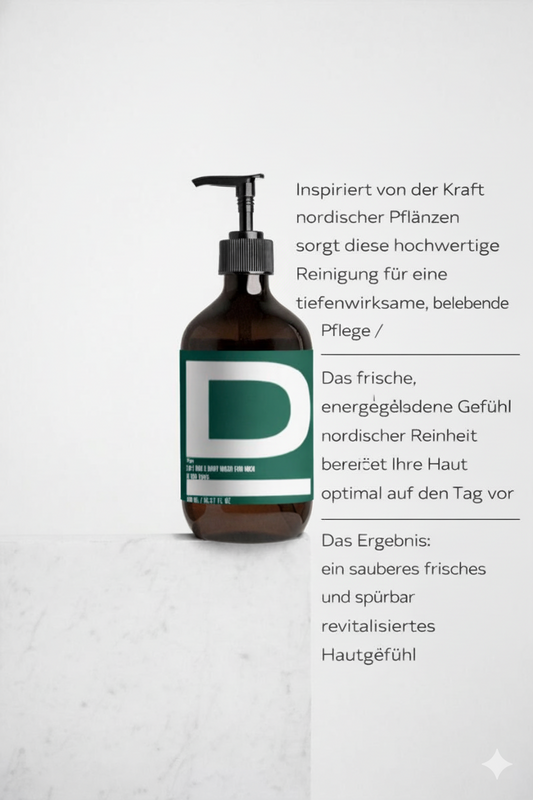 Braune Glasflasche mit schwarzem Pumpverschluss und grün-weißem Etikett mit großem Buchstaben D, stehend auf weißem Marmorblock vor weißem Hintergrund.