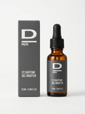 Braune Glasflasche mit Pipette und grauer Verpackung mit der Aufschrift 'D MEN F2 CAFFEINE GEL BOOSTER 20 ML / 0.68 FL OZ'