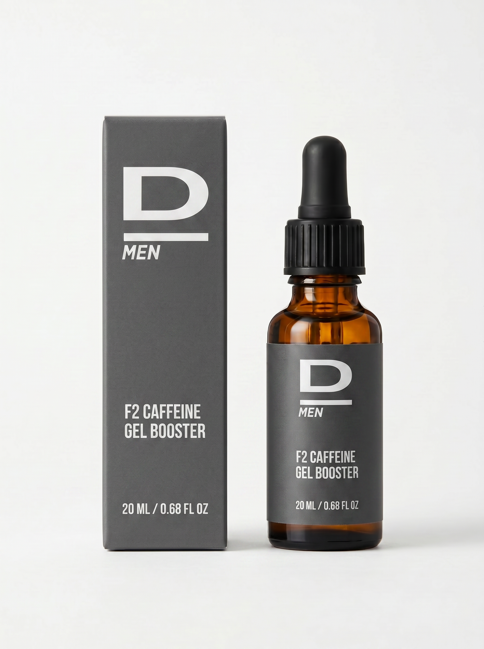 Braune Glasflasche mit Pipette und grauer Verpackung mit der Aufschrift 'D MEN F2 CAFFEINE GEL BOOSTER 20 ML / 0.68 FL OZ'
