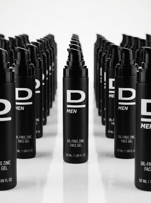 Mehrere schwarze Flaschen mit Pumpspender, beschriftet mit 'D MEN OIL-FREE ZINC FACE GEL 50 ML / 1.69 FL OZ', in Reihen auf weißem Untergrund
