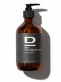 Braune Flasche mit schwarzem Pumpverschluss und grauem Etikett mit der Aufschrift 'D Men 2-IN-1 HAIR & BODY WASH All skin types 430 ML / 14.57 FL OZ'