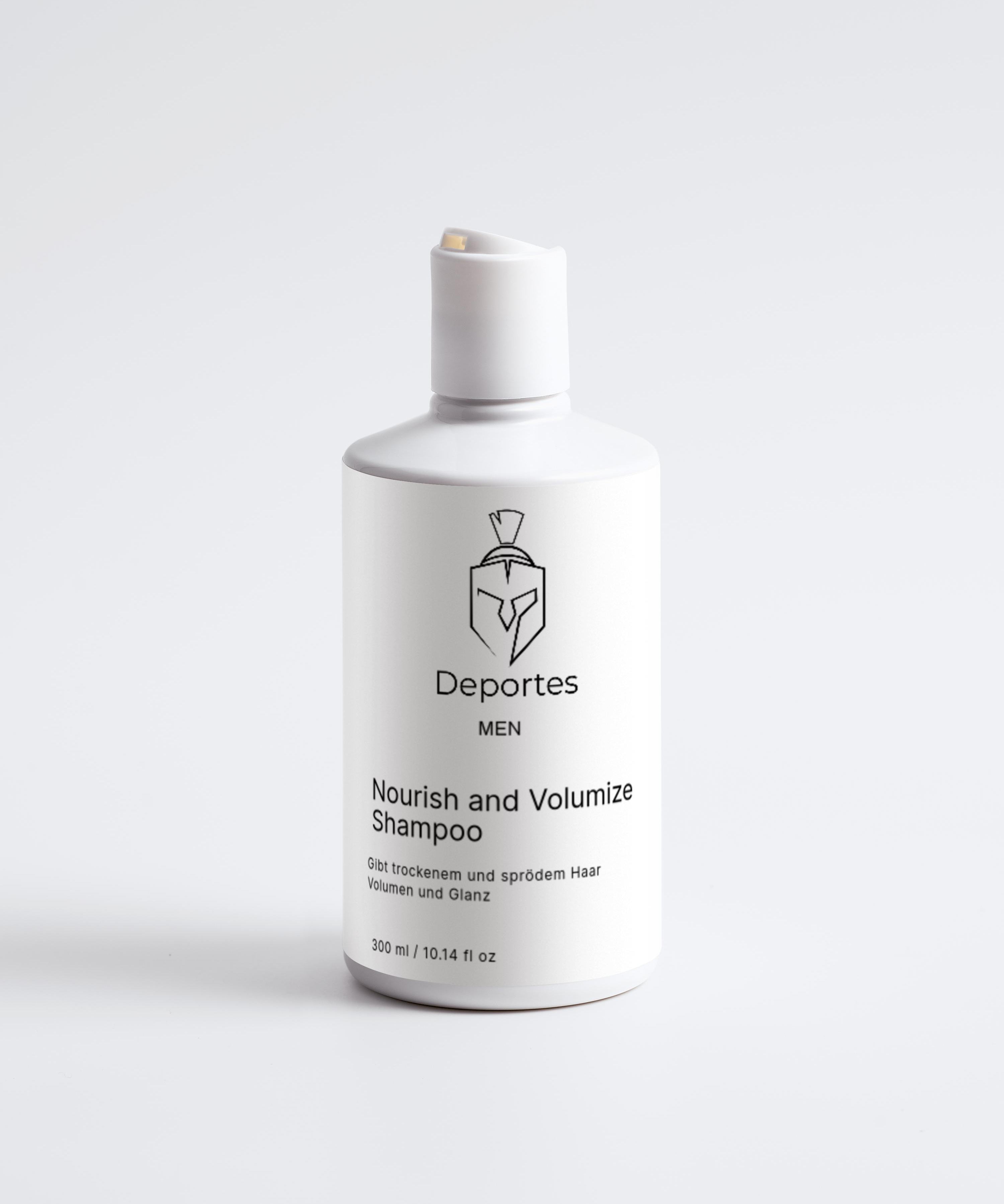 Flasche mit weißem Shampoo 'Deportes MEN Nourish and Volumize Shampoo' für trockenes und sprödes Haar, 300 ml