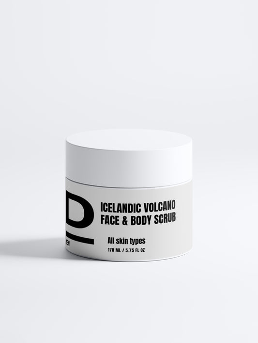 Weißer Tiegel mit schwarzer Aufschrift 'ICELANDIC VOLCANO FACE & BODY SCRUB All skin types 170 ML / 5.75 FL OZ' auf hellem Hintergrund.