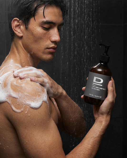 Mann im Duschbereich mit schäumendem Shampoo, Flasche 2-in-1 Duschgel für Haar und Körper im Vordergrund.