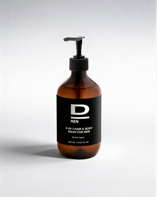 2-in-1 Haar- und Körperwaschmittel für Männer in brauner Flasche mit Pumpverschluss, 490 ml.