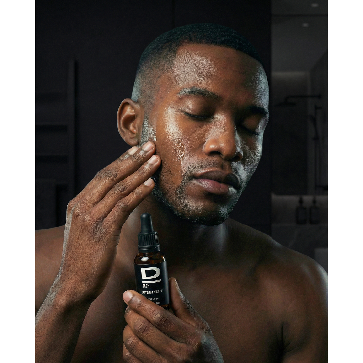 Mann trägt D MEN Softening Beard Oil auf sein Gesicht auf für eine gepflegte Bartpflege.