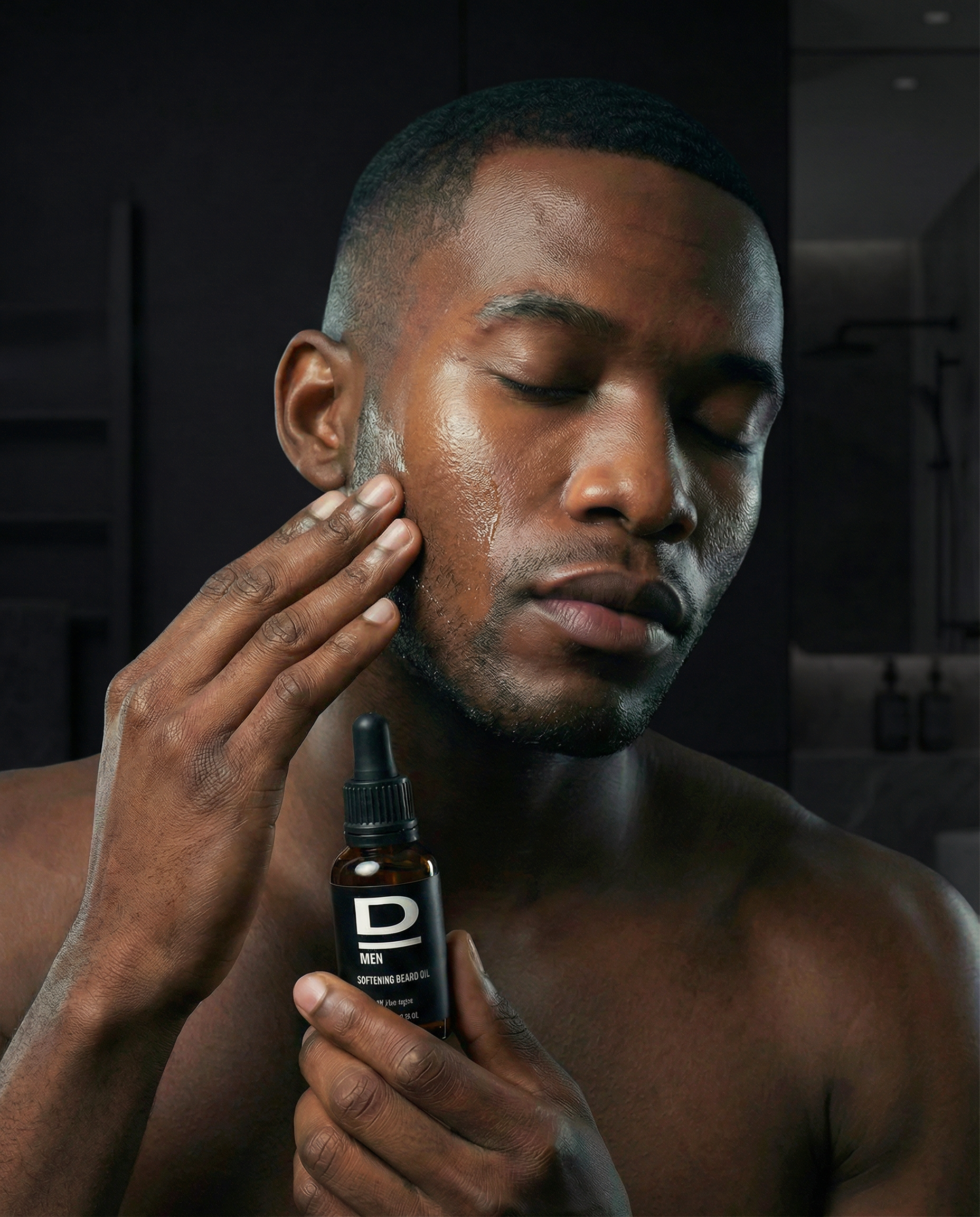 Mann trägt D MEN Softening Beard Oil auf sein Gesicht auf für eine gepflegte Bartpflege.