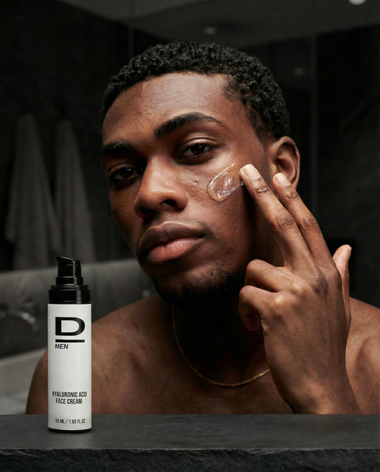 Oberkörper einer Person mit nacktem Oberkörper und Halskette, die sich mit einer Hand das Gesicht berührt, daneben steht ein Flakon mit der Aufschrift 'D MEN HYALURONIC ACID FACE CREAM'.