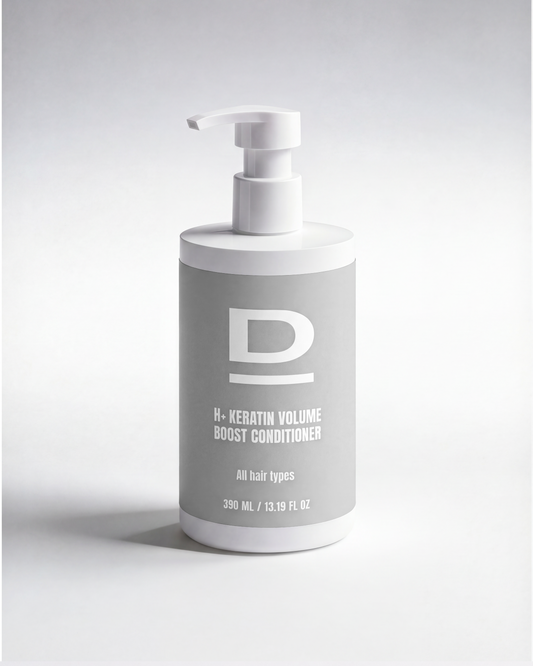 H+ Keratin Volume Boost Conditioner in grauer Flasche mit Pumpverschluss, 390 ml für alle Haartypen.