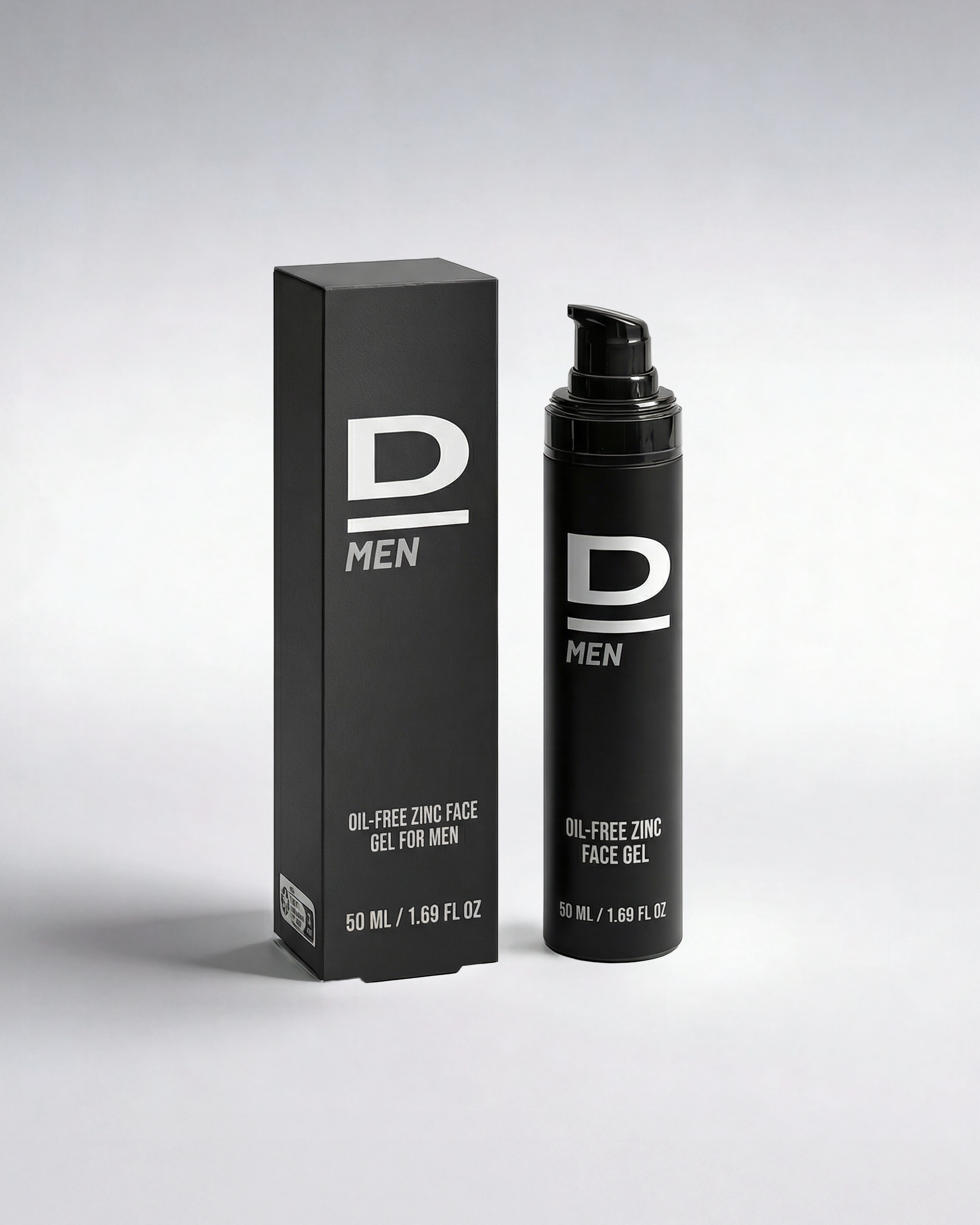Schwarze Flasche mit Pumpspender und passender Verpackung mit der Aufschrift 'D MEN OIL-FREE ZINC FACE GEL FOR MEN'.