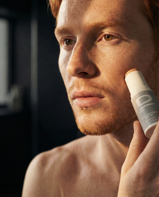 Mann mit rotem Haar, der einen Hautpflege-Stick für Männer auf die Wange aufträgt.