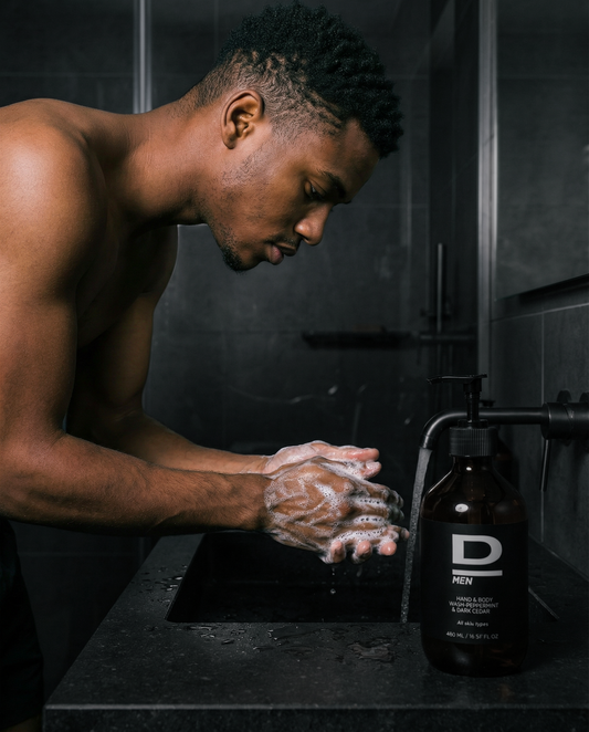 Mann wäscht Hände mit D MEN Hand & Body Wash in der Dusche, schäumte Seife und dunkler Flasche.