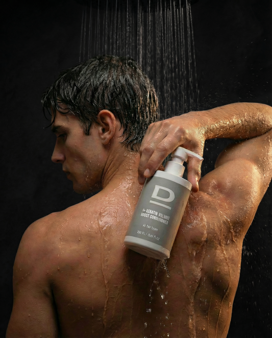 Mann in der Dusche mit D PÜ Keratin Volume Boost Conditioner in der Hand, nasse Haut und Haare.