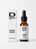 Braune Glasflasche mit Pipette und weißer Verpackung mit schwarzer Aufschrift "D MEN NOURISING FACIAL OIL 20 ML / 0.68 FL OZ"