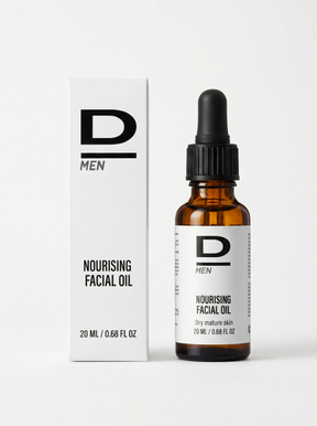 Braune Glasflasche mit Pipette und weißer Verpackung mit schwarzer Aufschrift "D MEN NOURISING FACIAL OIL 20 ML / 0.68 FL OZ"