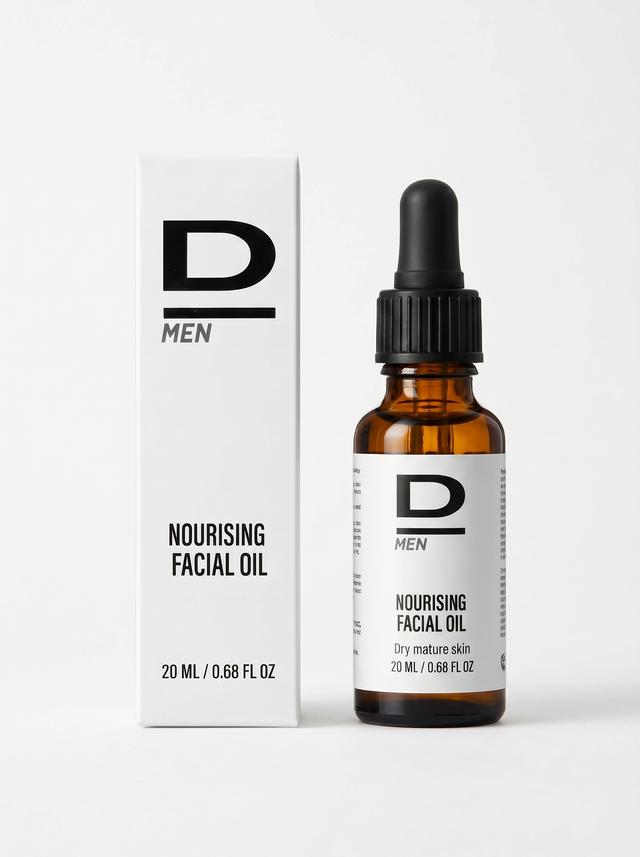 Braune Glasflasche mit Pipette und weißer Verpackung mit schwarzer Aufschrift "D MEN NOURISING FACIAL OIL 20 ML / 0.68 FL OZ"