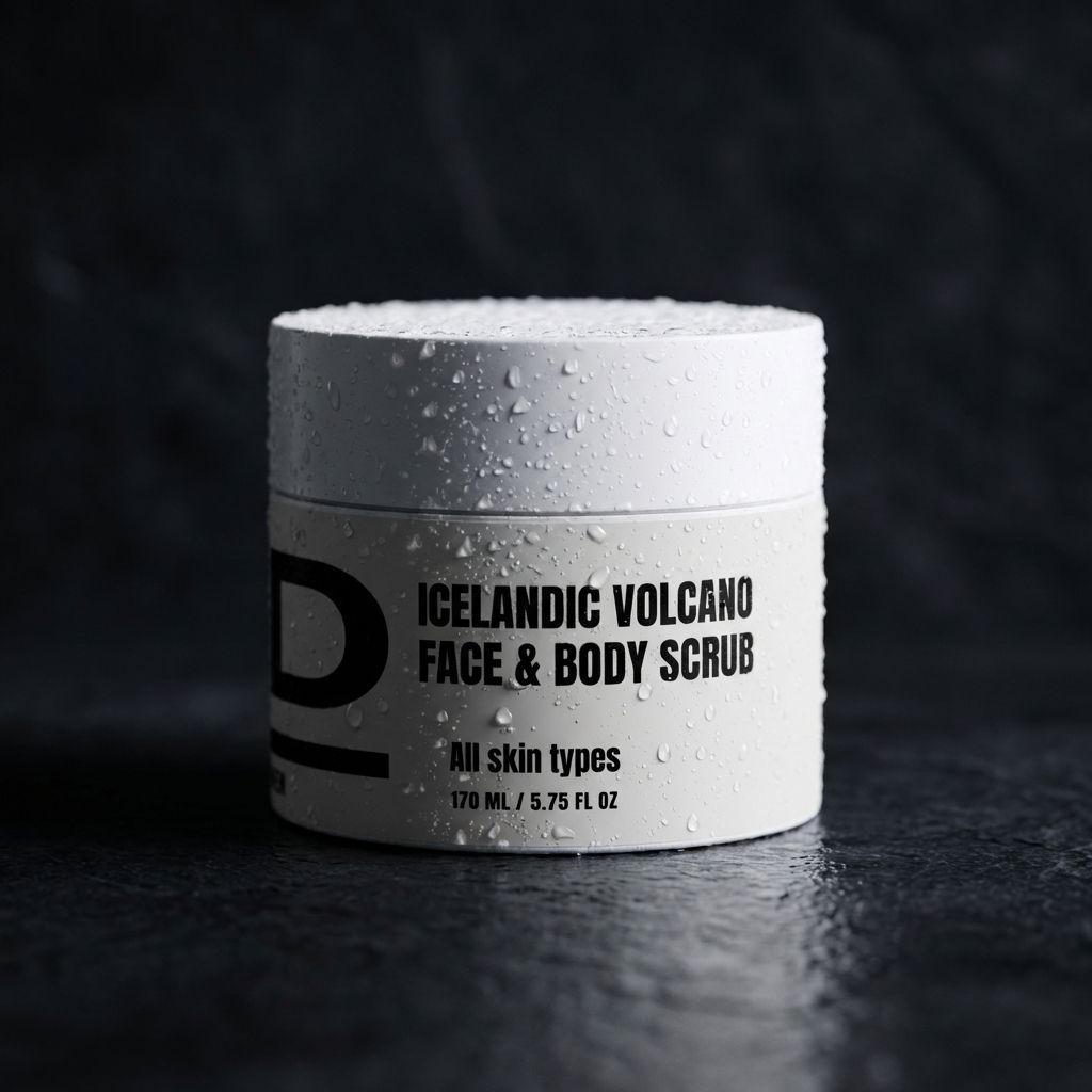 Weißer, zylindrischer Behälter mit schwarzer Aufschrift 'ICELANDIC VOLCANO FACE & BODY SCRUB All skin types 170 ML / 5.75 FL OZ' und Wassertropfen auf der Oberfläche vor dunklem Hintergrund.